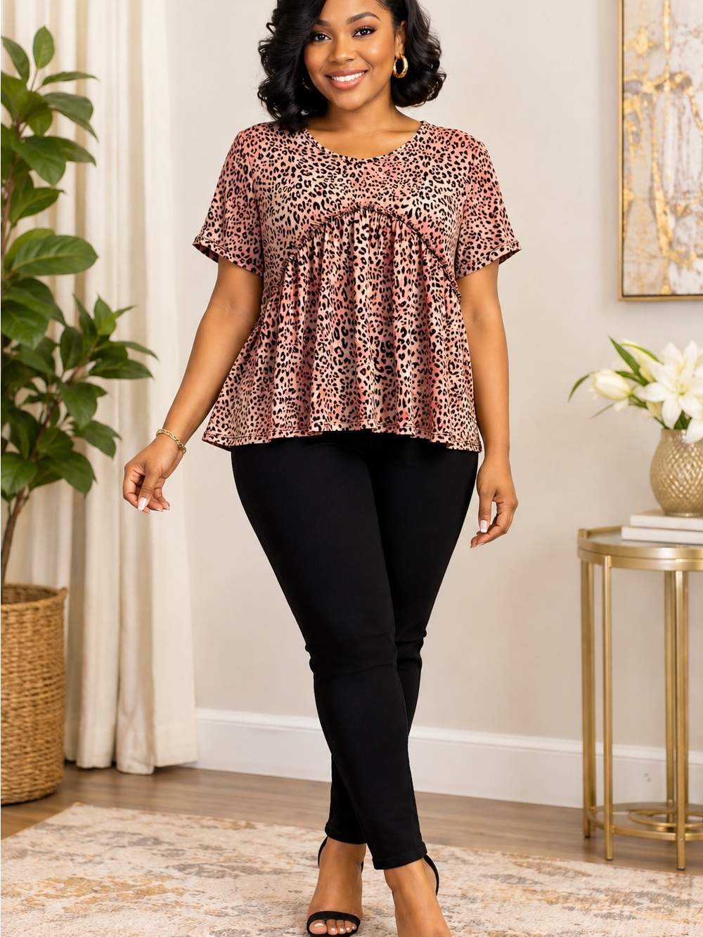 Women’s Lime & Chili  Babydoll Pink Leopard Peplum Tunic Top S